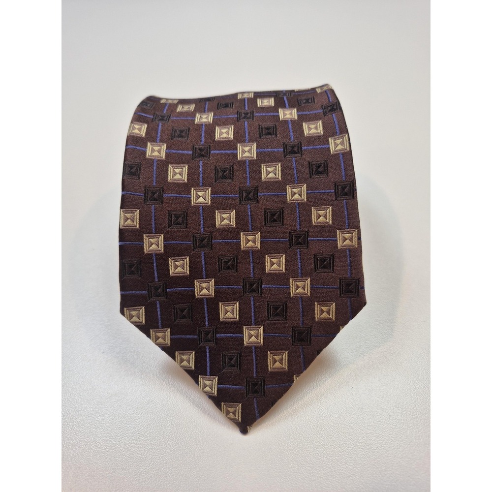 Vincent Di Mani Tie Mens One Size Brown Geometric 100% Silk Stain Resistant